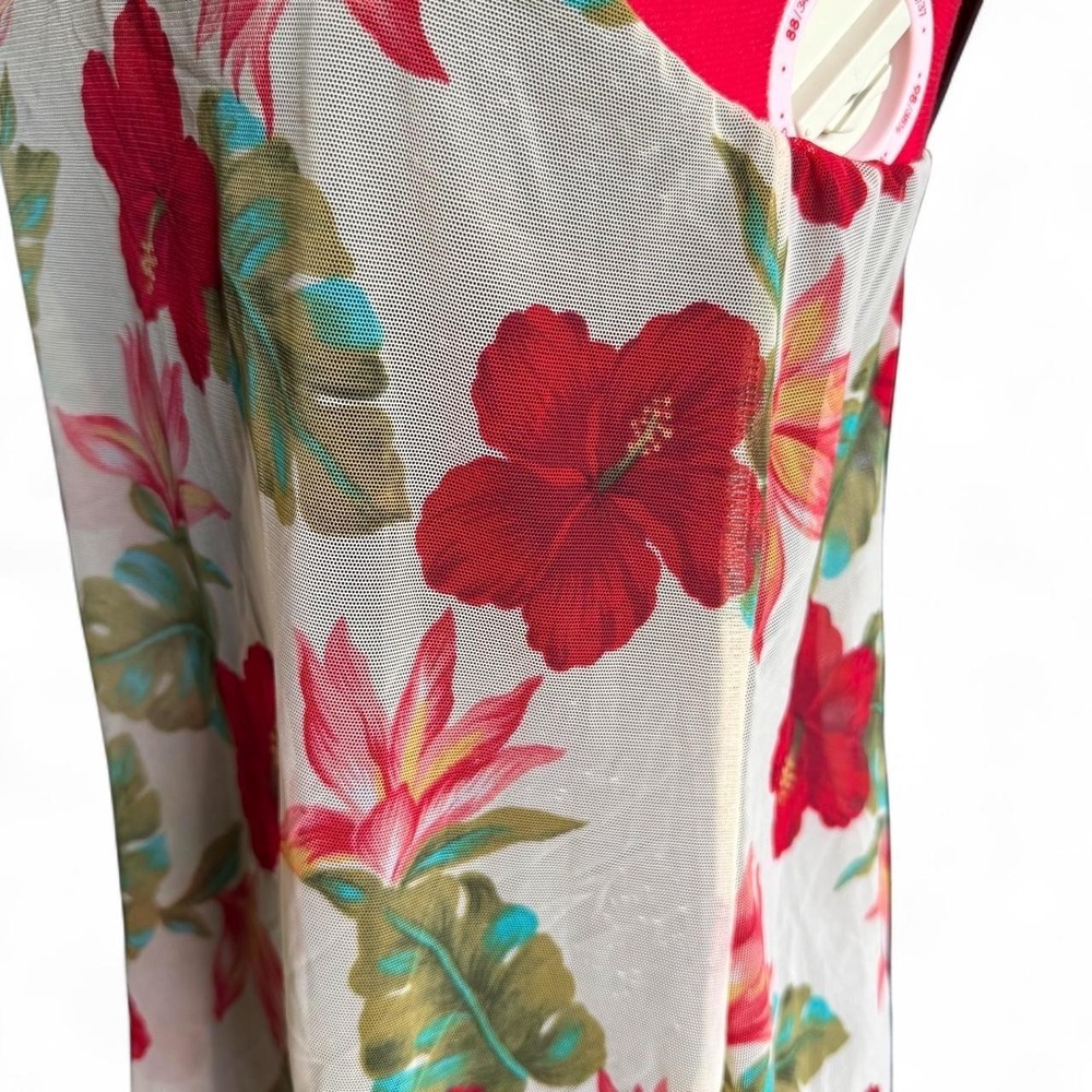 Vintage One Piece Swimsuit Swim Dress red and white hibiscus floral mesh - Picture 5 of 8